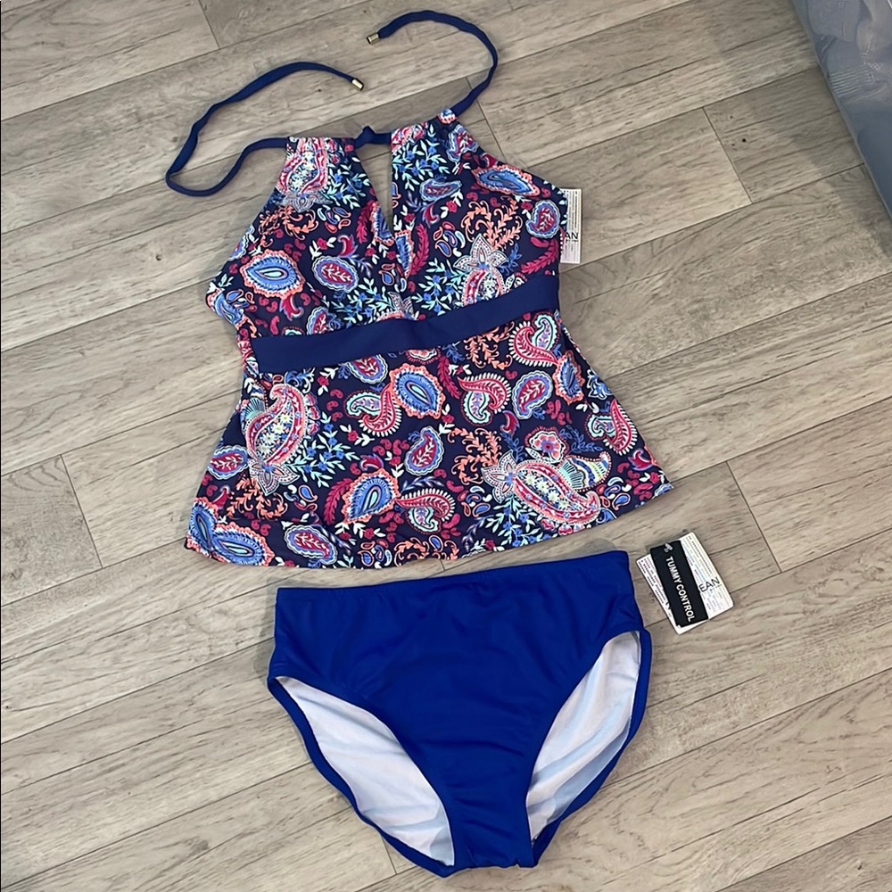 24th & ocean NWT small swim suit set Paisley Halter Tankini Blue Bottoms $96